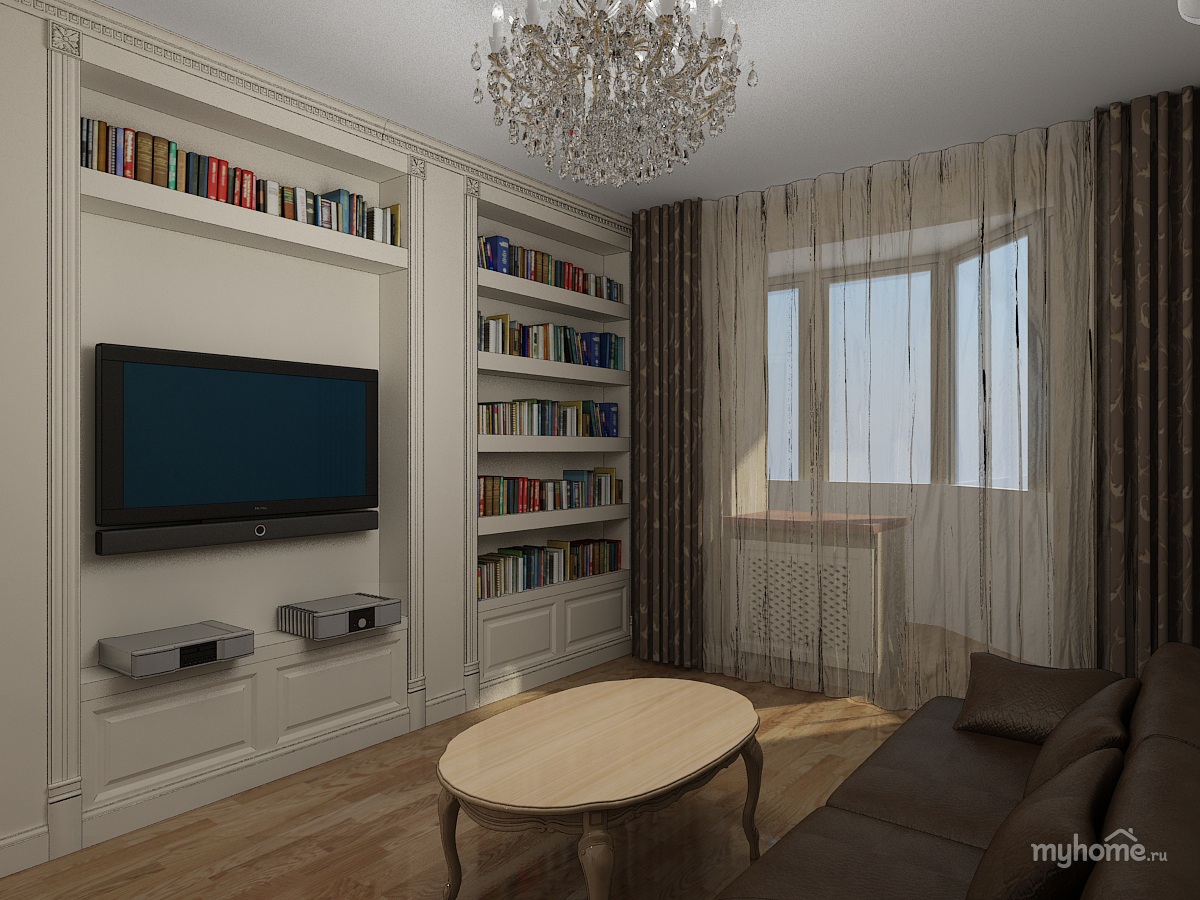 дизайн гостиной с библиотекой и телевизором