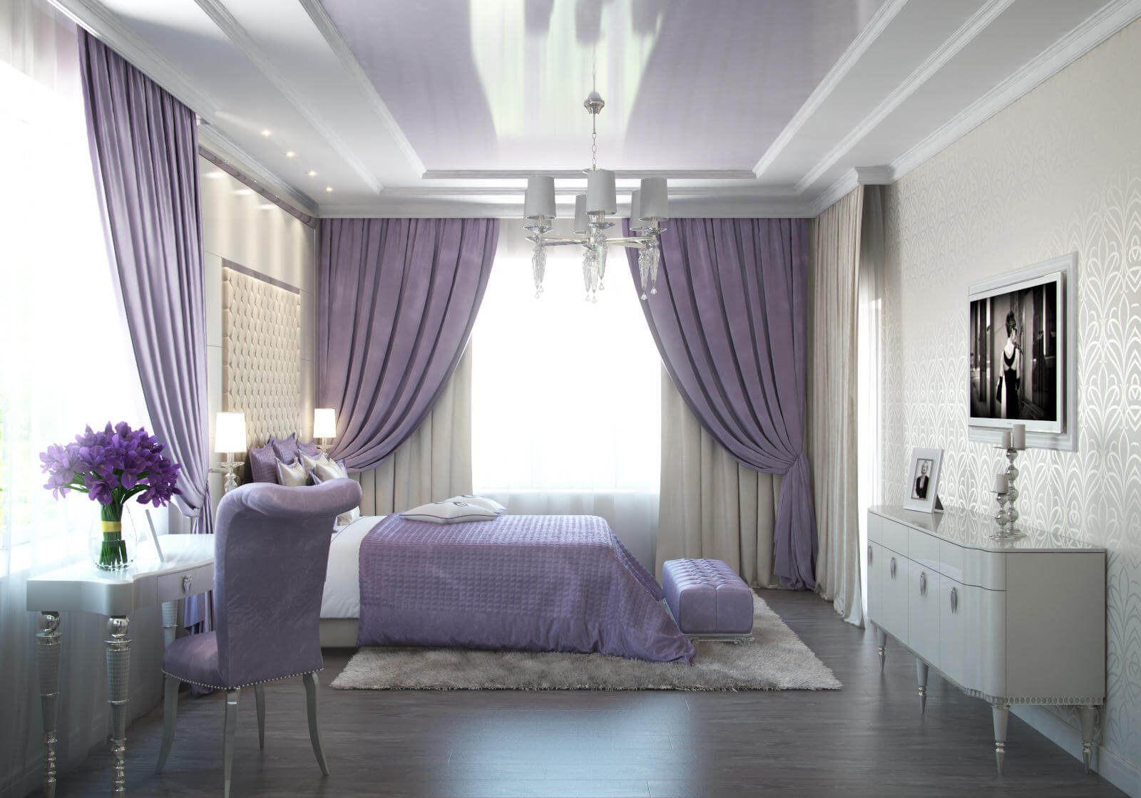 бело фиолетовый дизайн спальни