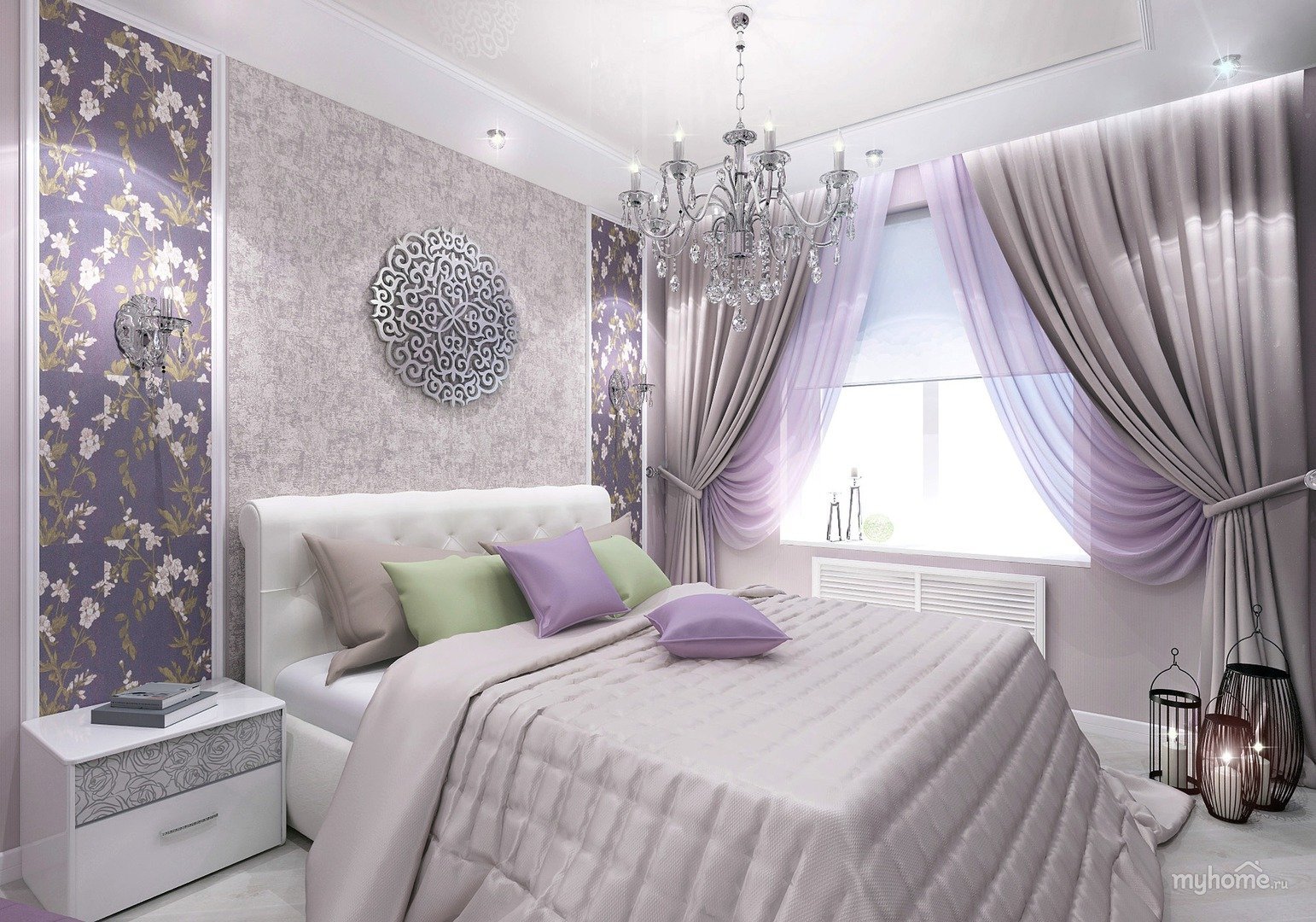 бело фиолетовый дизайн спальни